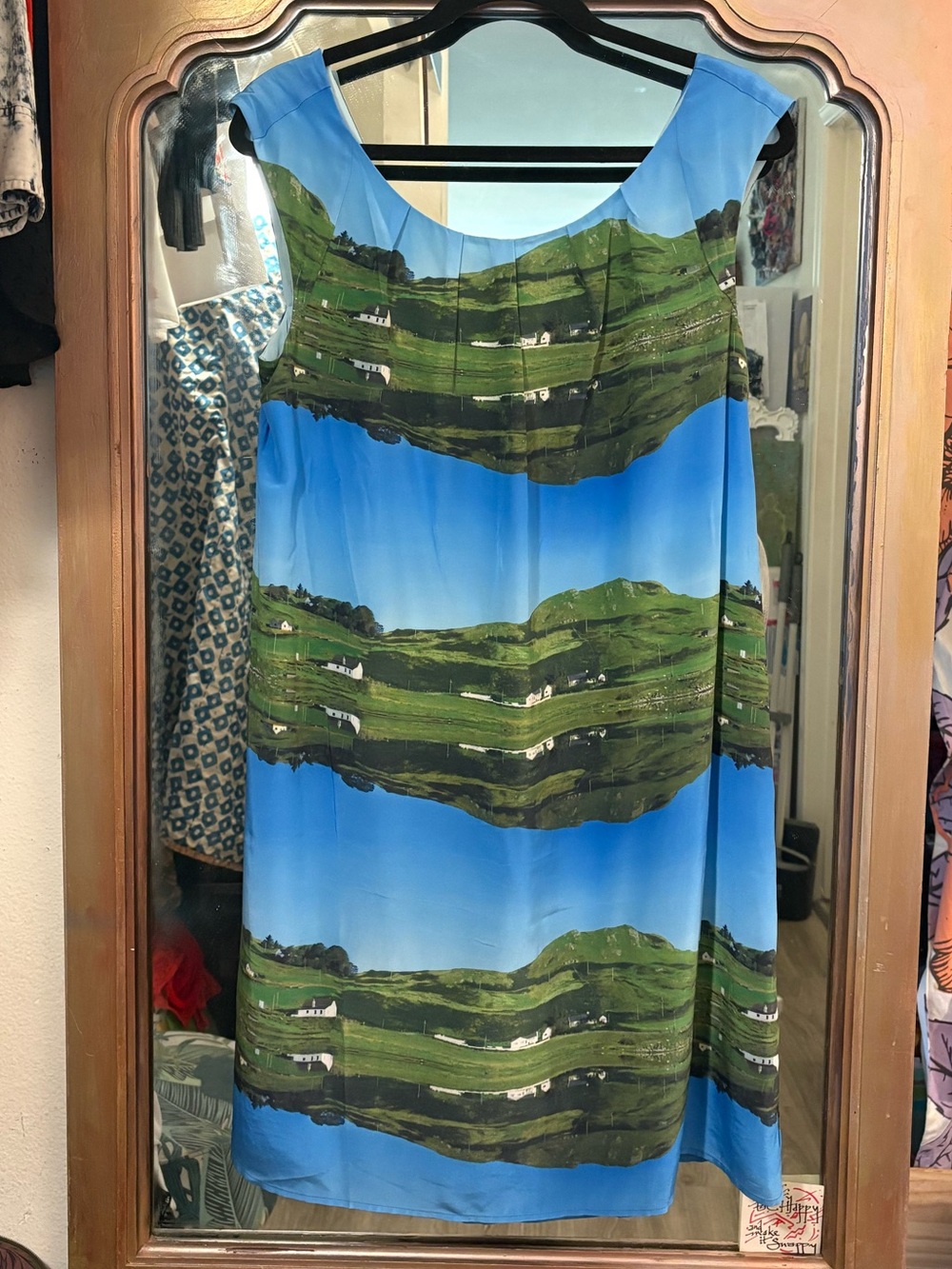 Meadow Rue Anthropologie Size 6 Silk Landscape Scenic Print Blue Green Dress